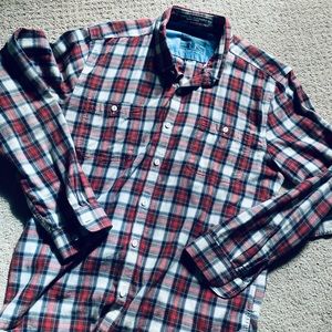 Barbour Steve McQueen plaid button front shirt (M) in Cabell Red.